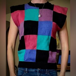Palmettos Vintage Colorful Vest Sweater Checkered Top M